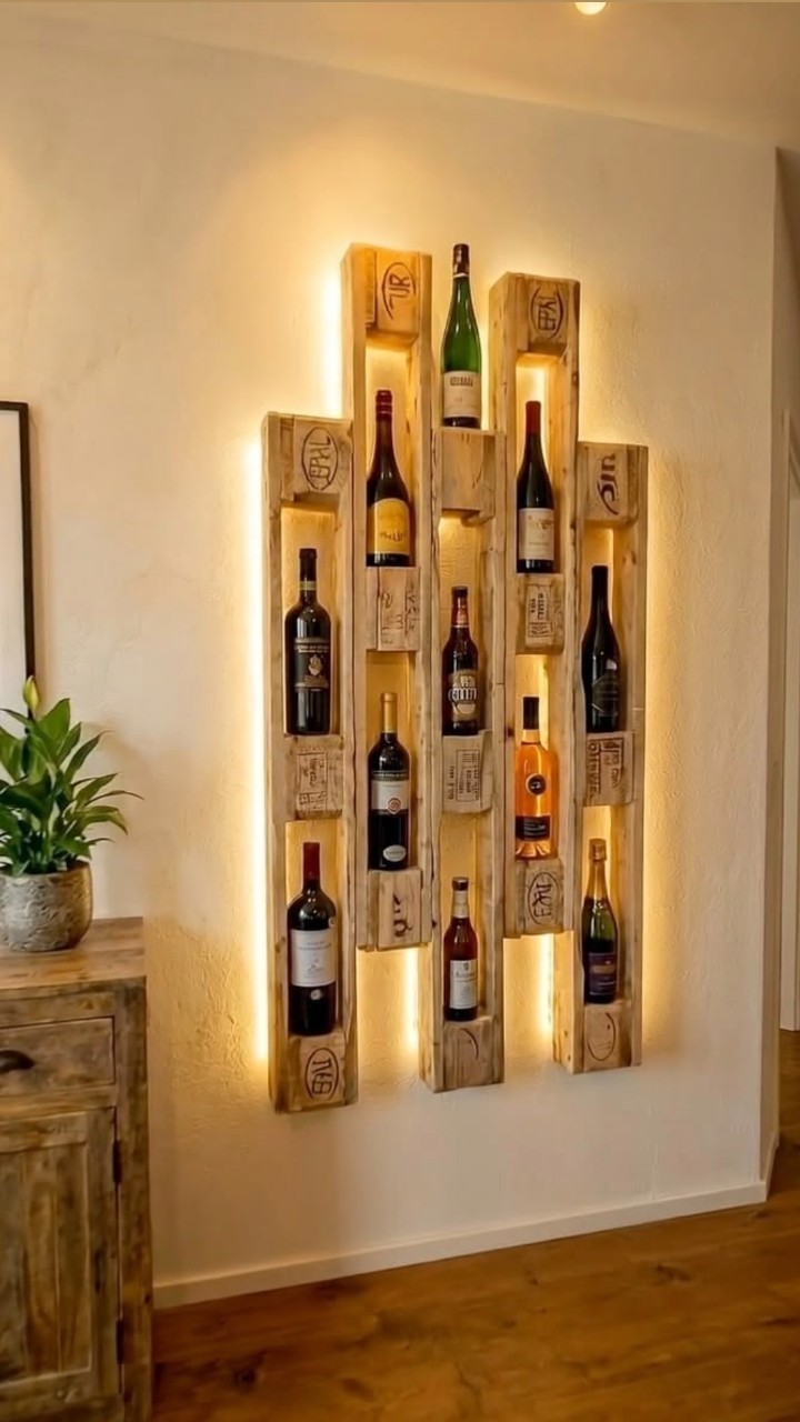 Dekoratif Ahşap Duvar Şişeliği – 11 Şişe Kapasiteli – 70x150x10 cm